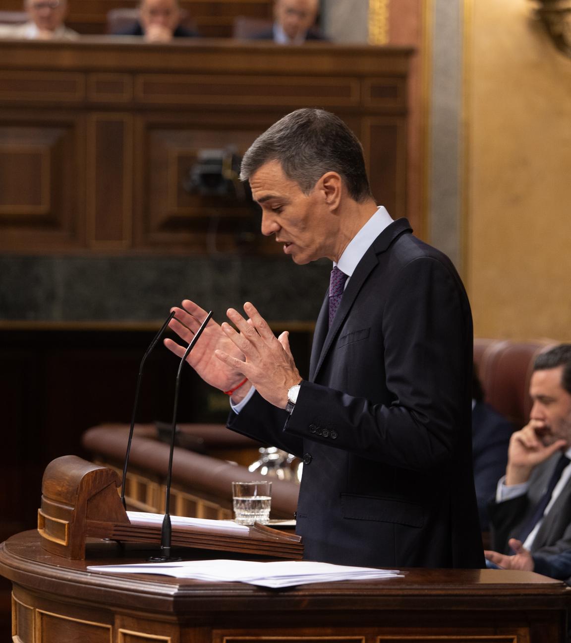 Ministerpräsident Pedro Sánchez spricht im spanischen Parlament in Madrid.