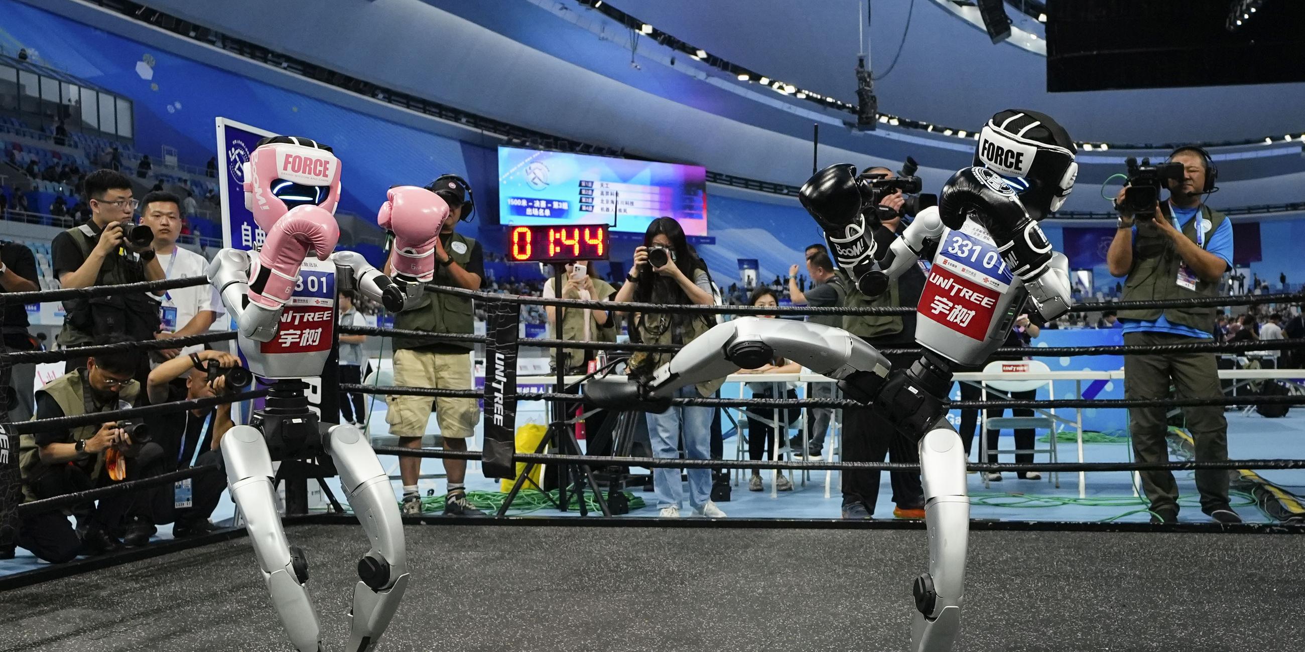 Humanoid robots compete in kickboxing at the World Humanoid Robot Games in Beijing