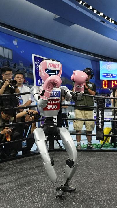 Humanoid robots compete in kickboxing at the World Humanoid Robot Games in Beijing