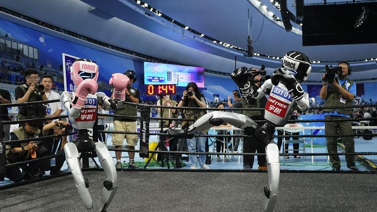 Humanoid robots compete in kickboxing at the World Humanoid Robot Games in Beijing