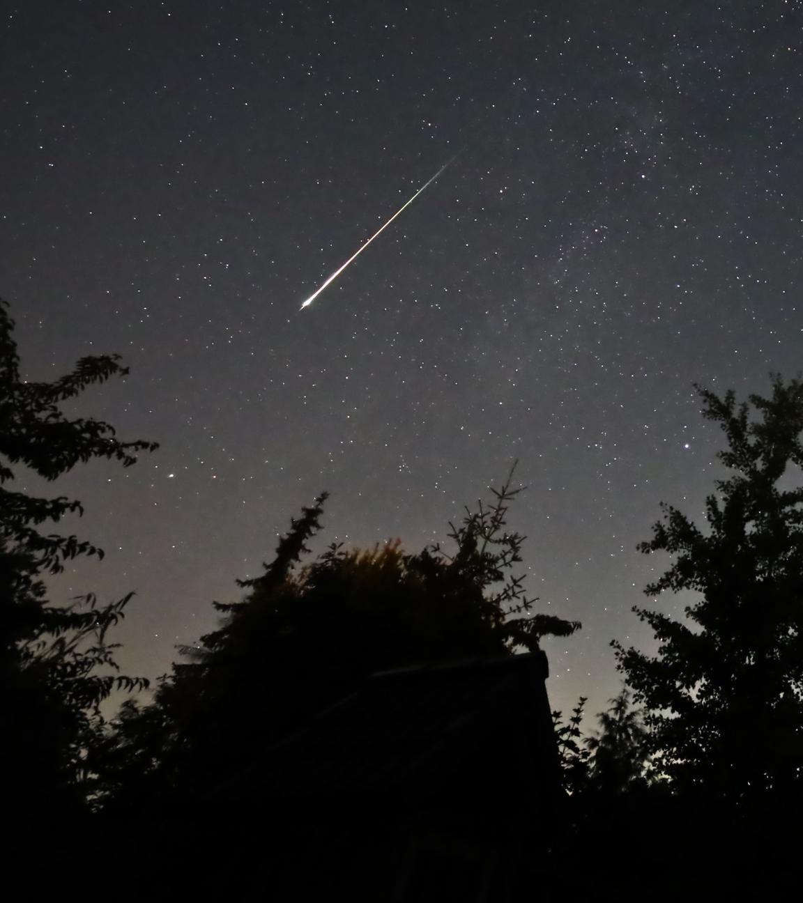 ARCHIV - 13.08.2023, Schleswig-Holstein, Neumünster: Ein Perseidenmeteor zieht über den Himmel.