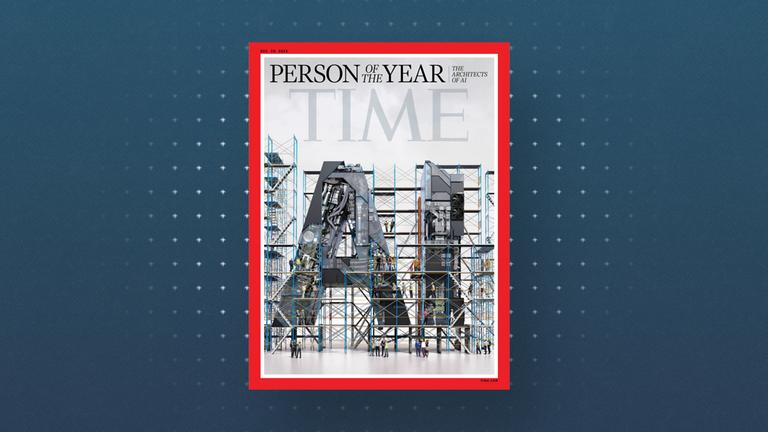 Vier Covers des "Time Magazin" schweben vor einem grafischem Hintergrund.