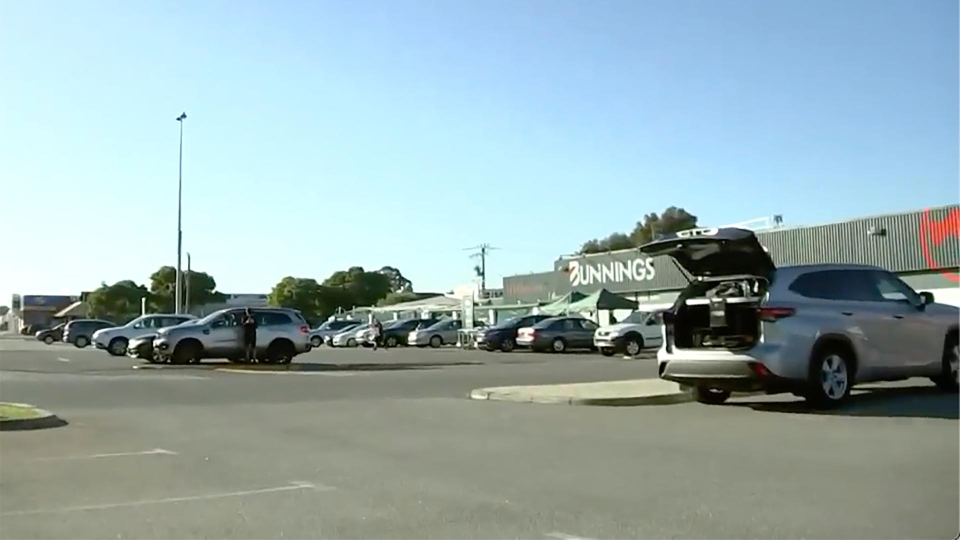 This image from a video, shows a parking lot where an incident occurred in Perth, Australia Sunday, May 5, 2024. 
