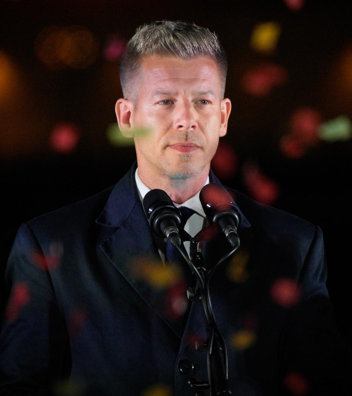 Wahlsieger Peter Magyar hält am 12.04.2026 in Budapest, Ungarn, eine Rede bei der Wahlparty von Tisza. 