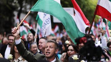 Ein Mann der eine Fahne hält läuft bei einer Demonstration mit.
