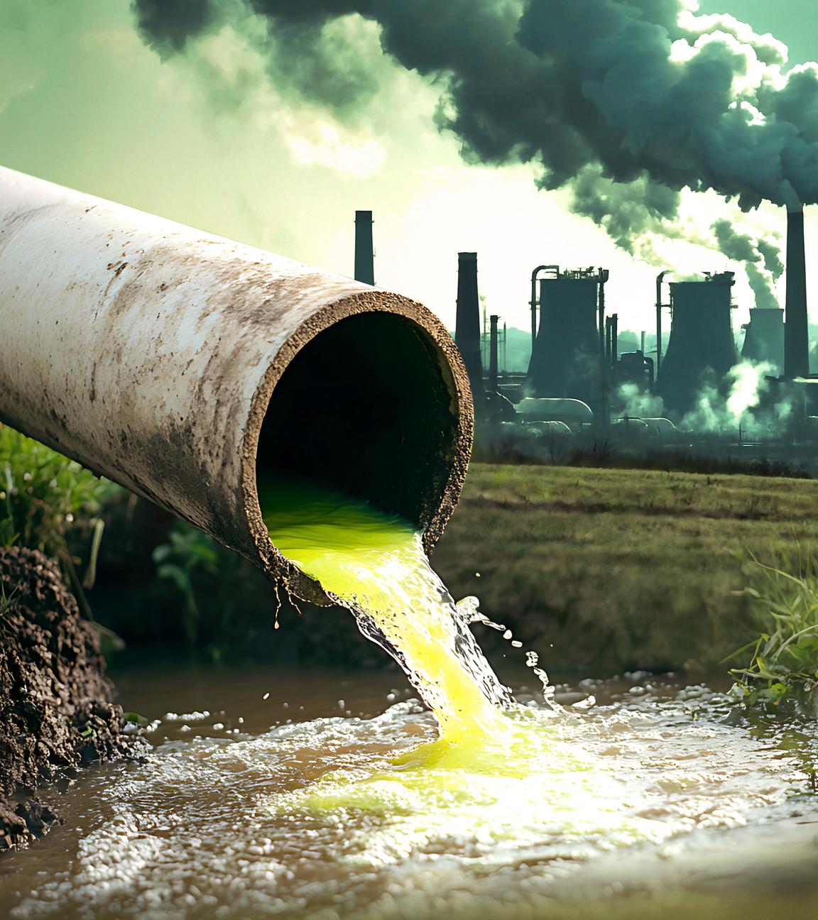 Blick auf eine große Fabrikanlage. Auf der linken Seite läuft grell grünlich schimmerndes Wasser durch ein Abflussrohr in einen Bach
