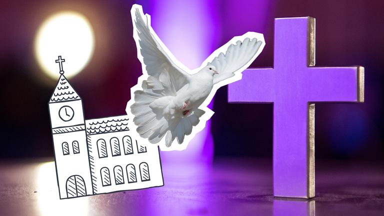 Eine Taube, ein Kreuz und eine Kirche