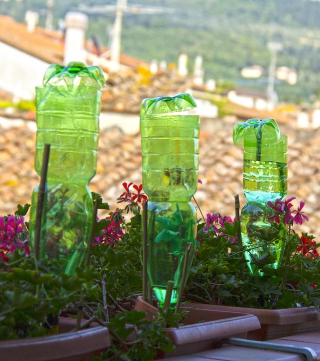 Blick auf einen Balkon, auf dem in drei Topfpflanzen Plastikflaschen zur Bewässerung stecken.