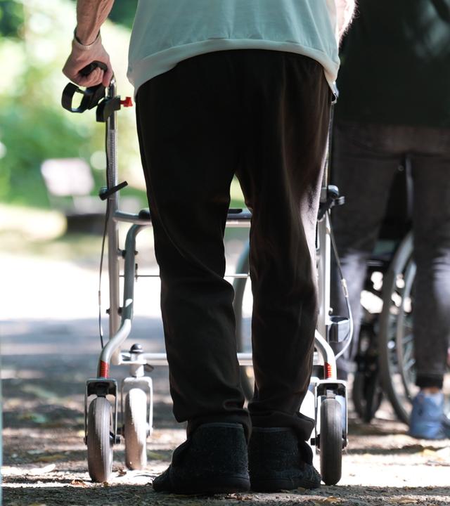 Mehrere Senioren sind mit Rollator oder Rollstuhl in einem Park spazieren.