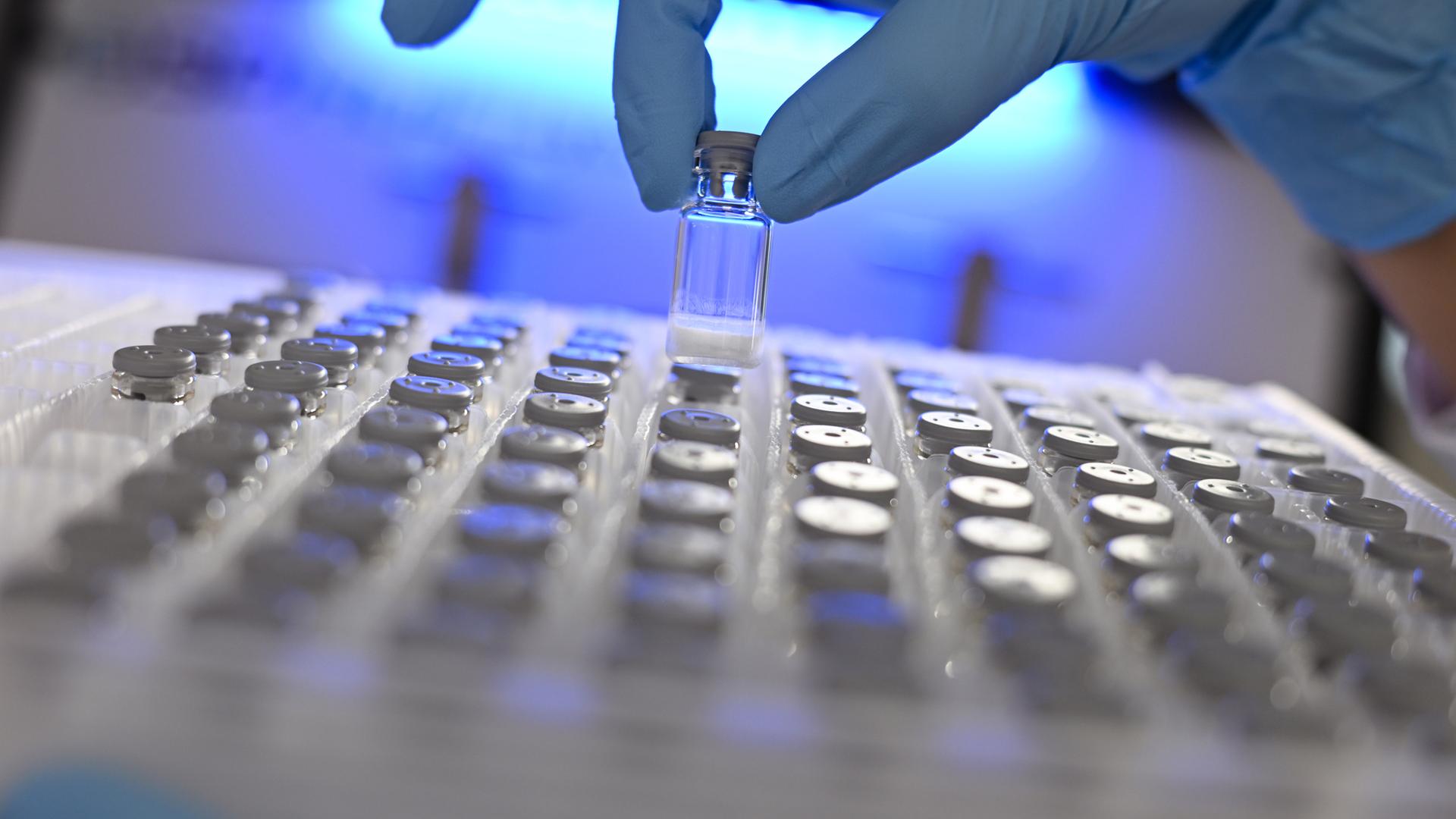 Eine Biologie-Laborantin entnimmt in einem Labor eine Probe.