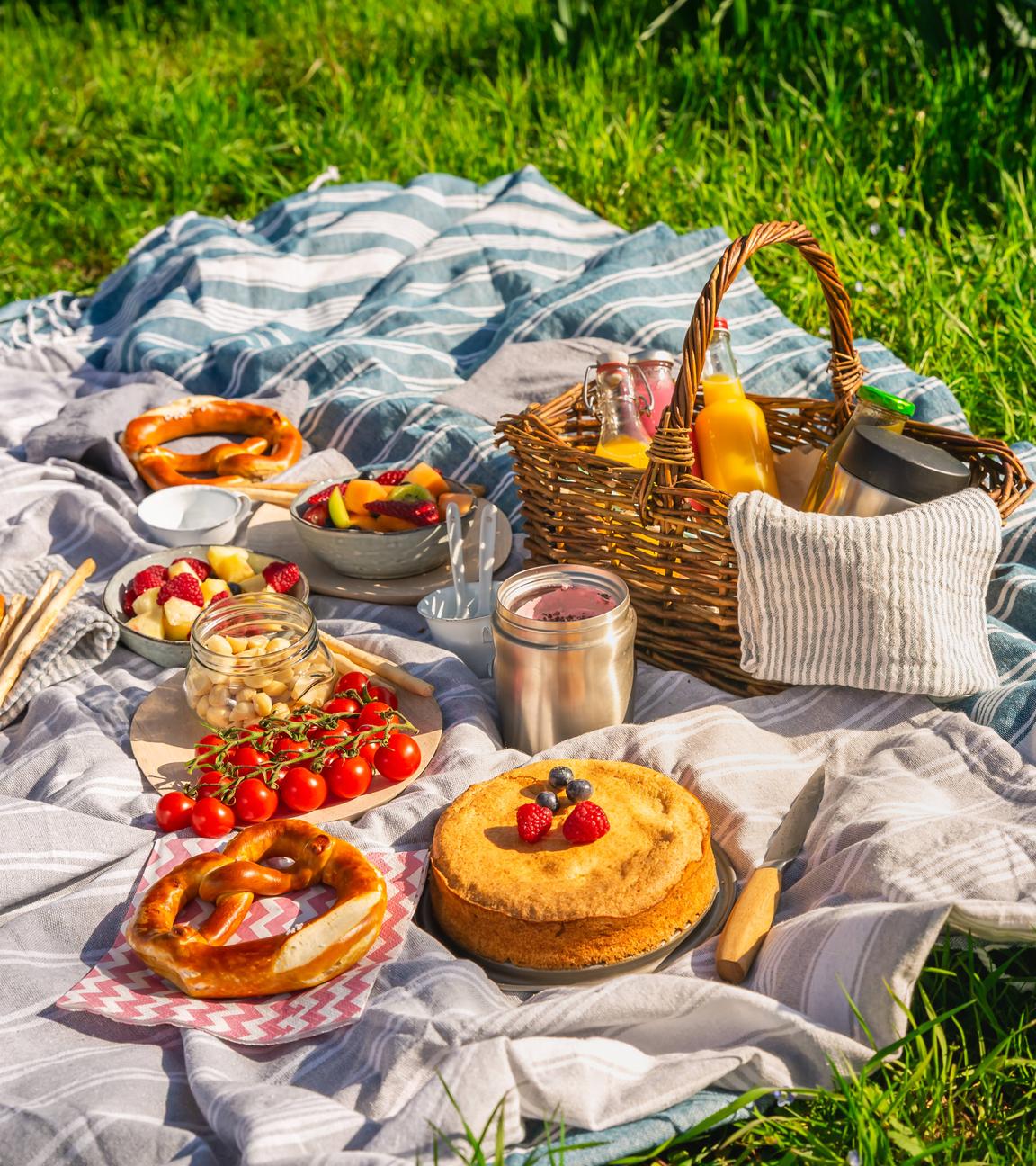 Eine Picknickdecke ausgebreitet auf einer Wiese, darauf ein Korb mit vielen verschiedenen Speisen, Obst, Gemüse und Kuchen