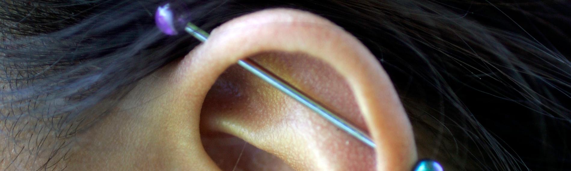 Ohr einer Frau mit diversen Piercings