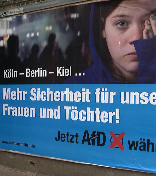 Wahlplakat der AfD von 2016; Text: Mehr Sicherheit für unsere Frauen und Töchter