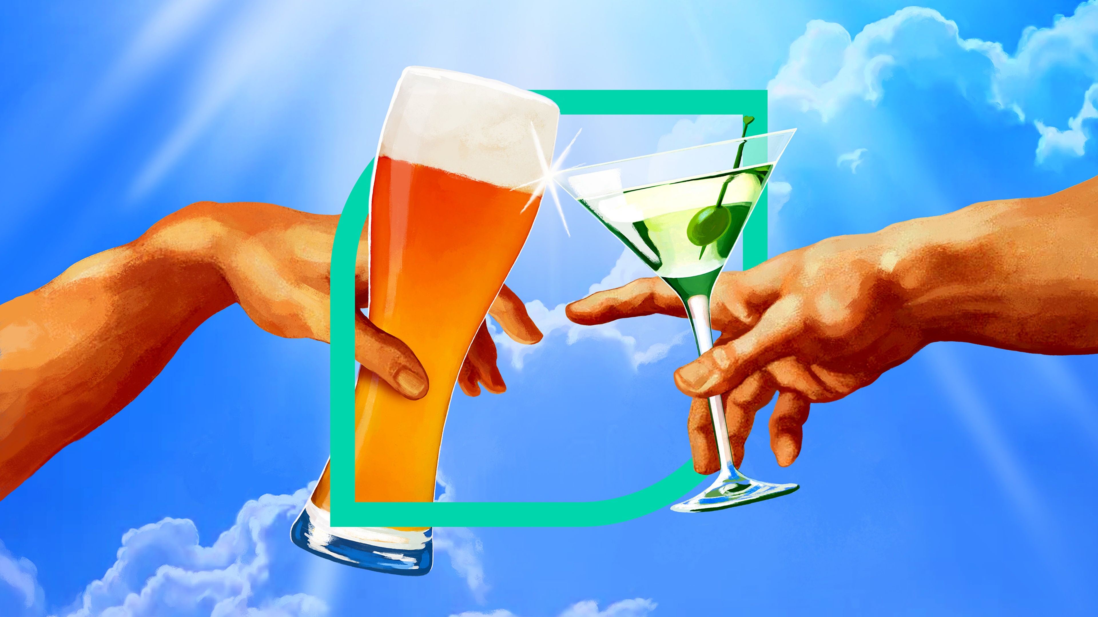 Eine Hand mit einem Bierglas und eine andere Hand mit einem Cocktailglas prosten sich zu