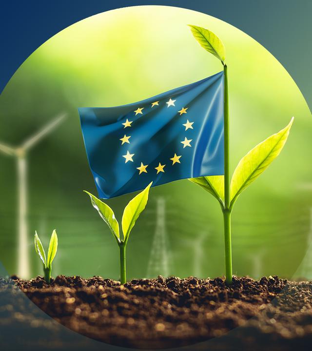 EU Flagge mit Winderädern im Hintergrund