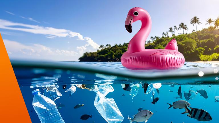 Schwimmende leere Plastikflaschen, aufgeblasener Flamingo als Schwimmtier