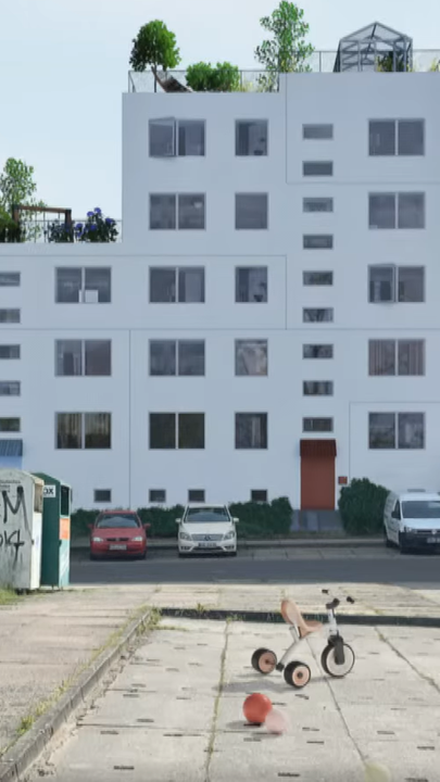 Ein umgebauter Plattenbau der nun aus mehreren Familienhäusern besteht. Die Fassade ist weiß und die Häuser haben viele Fenster. Auf den Dachterassen stehen grüne Pflanzen. Vor dem Haus sind Kinderspielzeuge und Autos.