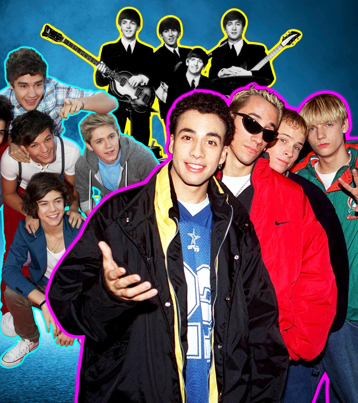 Fotocollage von drei Gruppen von jungen Männern. Sie sind vor einem dunklen Hintergrund abgebildet. Rechts im Bild sind die fünf Mitglieder der Boyband Backstreet Boys zu sehen. Im Hintergrund mittig sind die vier Mitglieder der Beatles abgebildet, zwei von ihnen halten eine Gitarre in der Hand. In der linken Bildhälfte sieht man die fünf Mitglieder der Band One Direction.
