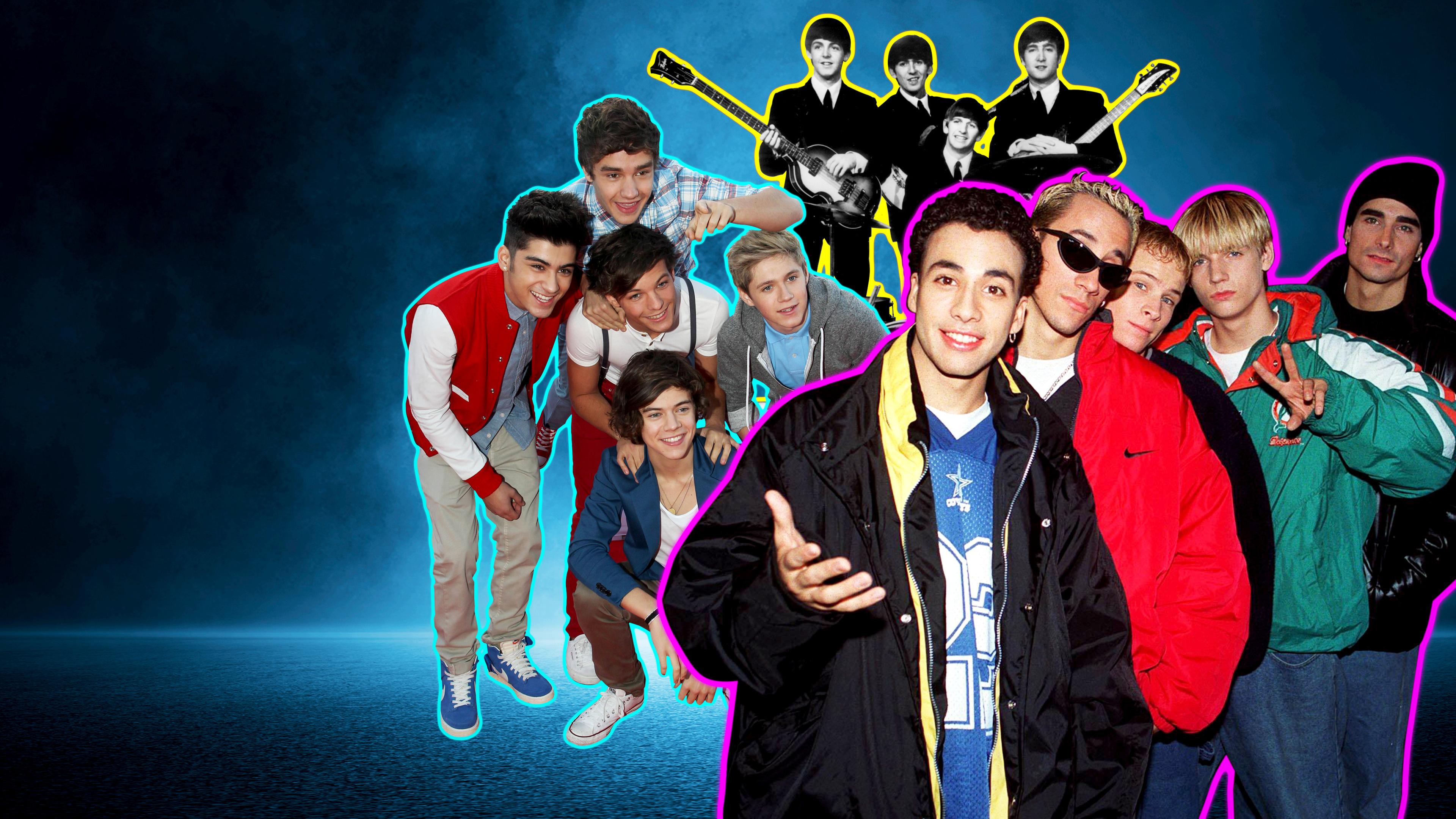 Fotocollage von drei Gruppen von jungen Männern. Sie sind vor einem dunklen Hintergrund abgebildet. Rechts im Bild sind die fünf Mitglieder der Boyband Backstreet Boys zu sehen. Im Hintergrund mittig sind die vier Mitglieder der Beatles abgebildet, zwei von ihnen halten eine Gitarre in der Hand. In der linken Bildhälfte sieht man die fünf Mitglieder der Band One Direction.
