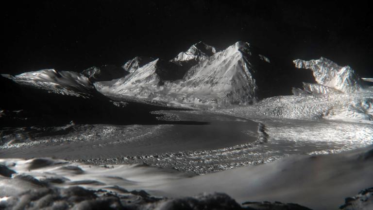 Computeranimiertes Bild einer vereisten bergigen Landschaft vor einem schwarzen Himmel, im Vordergrund sind breite Schleifspuren zu erkennen