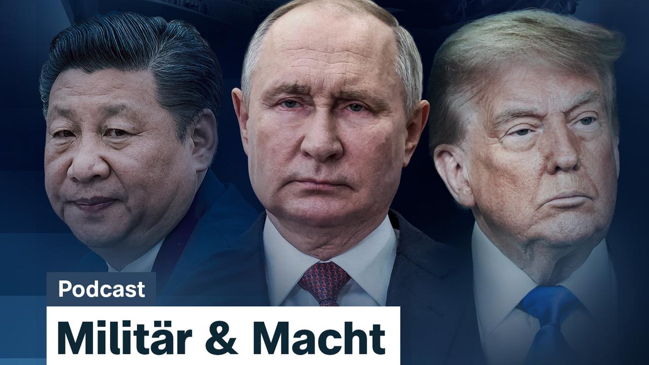 Xi Jing-Ping, Putin, und Trump sind zu sehen mit Bildern verschiedener Militär-Technik, wie Flugzeugträger oder Drohnen, als Hintergrund. Oben links ist das ZDF Logo und unten stehen weitere Infos zum Podcast