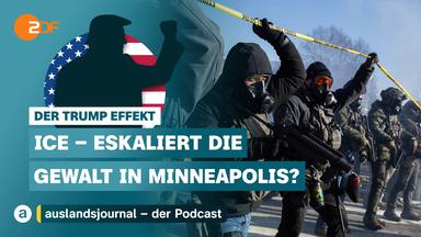 Links Donald Trump mit erhobener Faust als Schatten vor US-Flagge, rechts Foto von vermummten ICE-Beamten, darunter Schriftzug: "ICE - eskaliert die Gewalt in Minneapolis?"