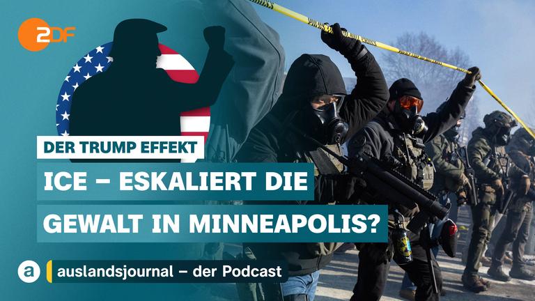 Links Donald Trump mit erhobener Faust als Schatten vor US-Flagge, rechts Foto von vermummten ICE-Beamten, darunter Schriftzug: "ICE - eskaliert die Gewalt in Minneapolis?"