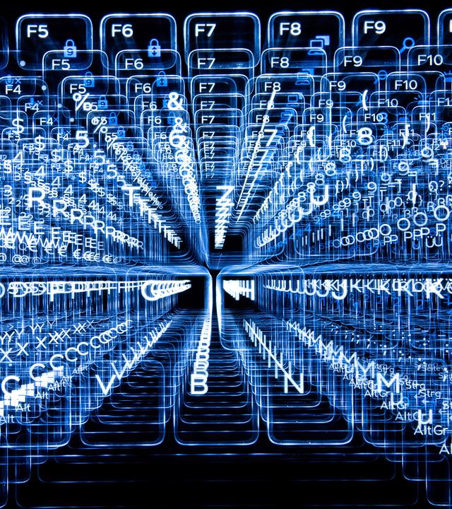 Computergenerierte Animation mit Zahlen und Buchstaben, die sich strahlenförmig ausbreiten