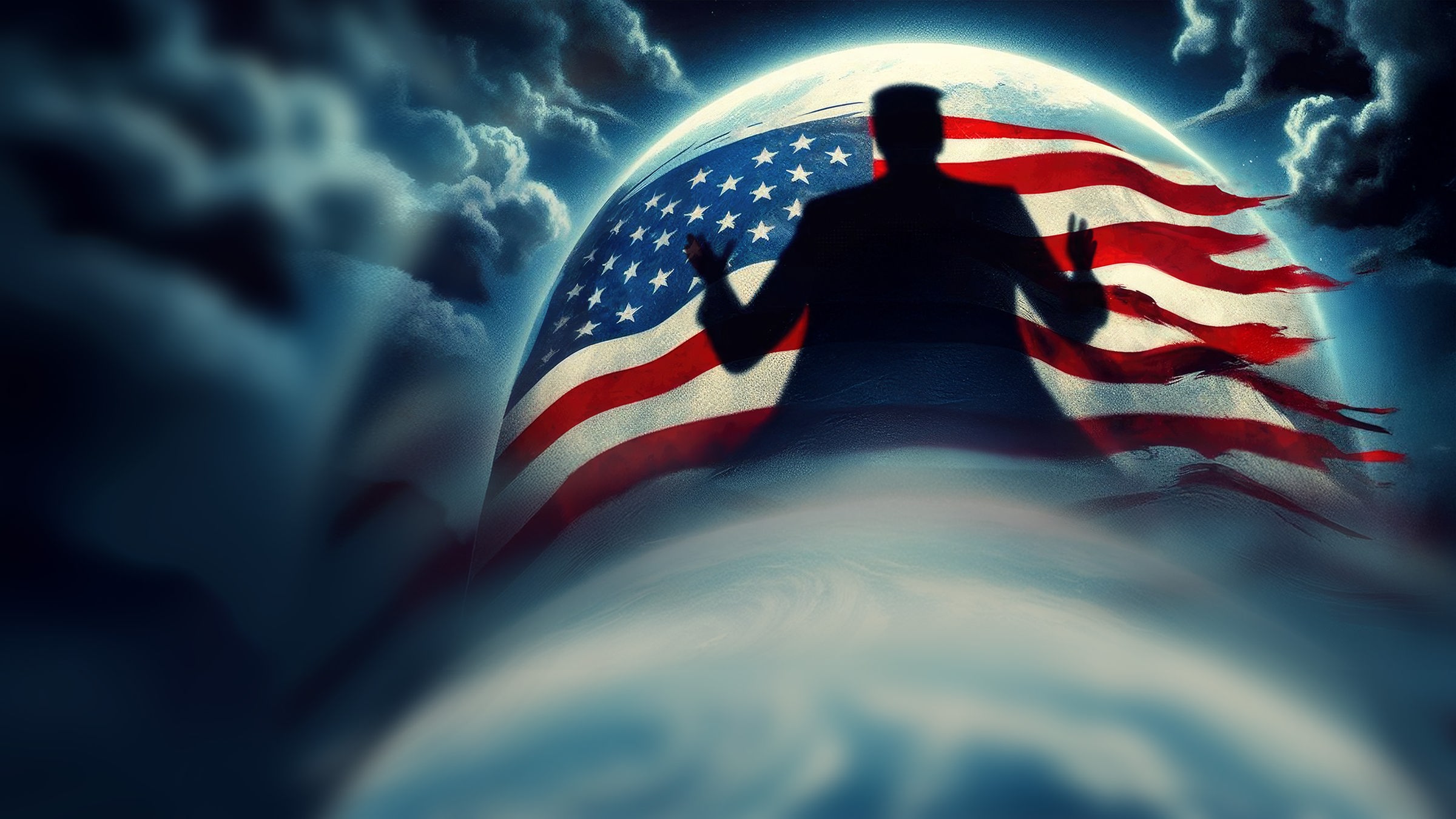 Grafik: Donald Trump als Schatten, dahinter Erdkugel mit zerfetzter USA-Flagge und dunkle Wolken, Schriftzug: "Der Trump Effekt - sind Autokratien stärker als Demokratien?"