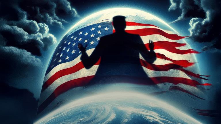Grafik: Donald Trump als Schatten, dahinter Erdkugel mit zerfetzter USA-Flagge und dunkle Wolken, Schriftzug: "Der Trump Effekt - sind Autokratien stärker als Demokratien?"