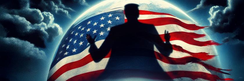 Grafik: Donald Trump als Schatten, dahinter Erdkugel mit zerfetzter USA-Flagge und dunkle Wolken, Schriftzug: "Der Trump Effekt - sind Autokratien stärker als Demokratien?"