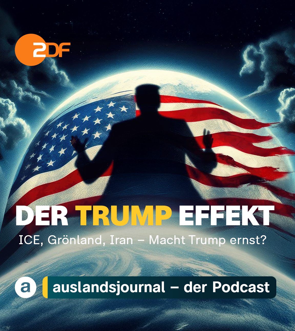 Grafik: Schatten von Donald Trump vor Weltkugel mit zerrissener US-Flagge, darunter Schriftzug: Der Trump Effekt - ICE, Grönland, Iran - Macht Trump Ernst?