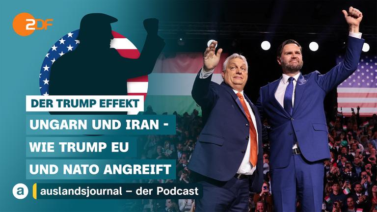 Donald Trump mit erhobener Faust als Schattenriss vor US-Flagge, darunter Schriftzug: "Der Trump Effekt - Ungarn und Iran - Wie Trump EU und Nato angreift" rechts Foto mit Victor Orban und J.D. Vance