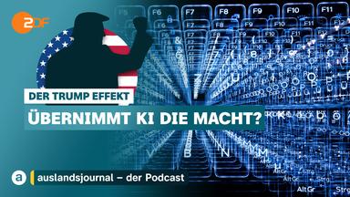 Donald Trump mit erhobener Faust als Schattenriss vor US-Flagge, darunter Schriftzug: "Der Trump Effekt - Übernimmt KI die Macht?", rechts Grafik von vielen übereinanderliegenden Tastaturtasten mit blau-weißen Umrandungen auf schwarzem Grund 