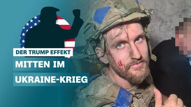 Donald Trump mit erhobener Faust als Schattenriss vor US-Flagge, darunter Schriftzug: "Der Trump Effekt - Mitten im Ukraine-Krieg", rechts daneben Foto von ukrainischem Soldaten in Uniform mit Helm und Blutspuren im Gesicht