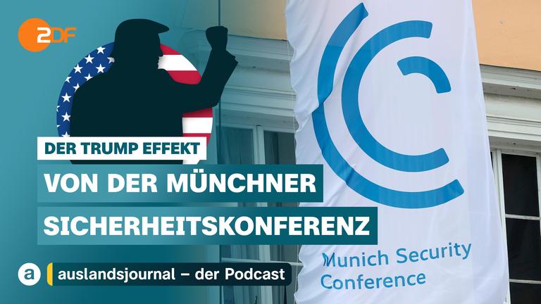 Donald Trump mit erhobener Hand als Schattenriss vor US-Flagge, rechts Foto von Fahne mit Aufschrift "Munich Security Conference", davor Schriftzug " Der Trump Effekt von der Münchner Sicherheitskonferenz"
