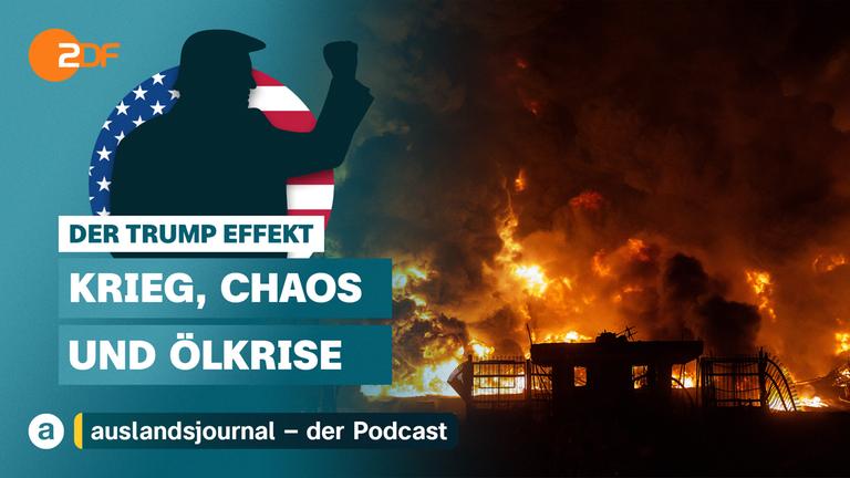 Donald Trump mit erhobener Faust als Schattenriss vor US-Flagge, rechts Foto von brennenden Ölfeldern in Iran