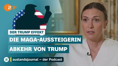 Donald Trump mit erhobener Faust als Schattenriss vor US-Flagge, darunter Schriftzug: "Der Trump Effekt - Die MAGA-Aussteigerin - Abkehr von Trump", rechts im Bild die MAGA-Aussteigerin Carter Brown