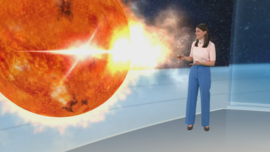 Virtuelles Studio, 3D-Grafik, Polarlichter, Sonnensturm, Erdmagnetfeld, Globus, Gasblase