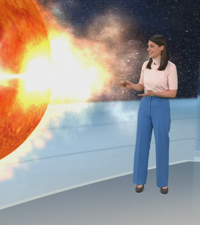 Virtuelles Studio, 3D-Grafik, Polarlichter, Sonnensturm, Erdmagnetfeld, Globus, Gasblase