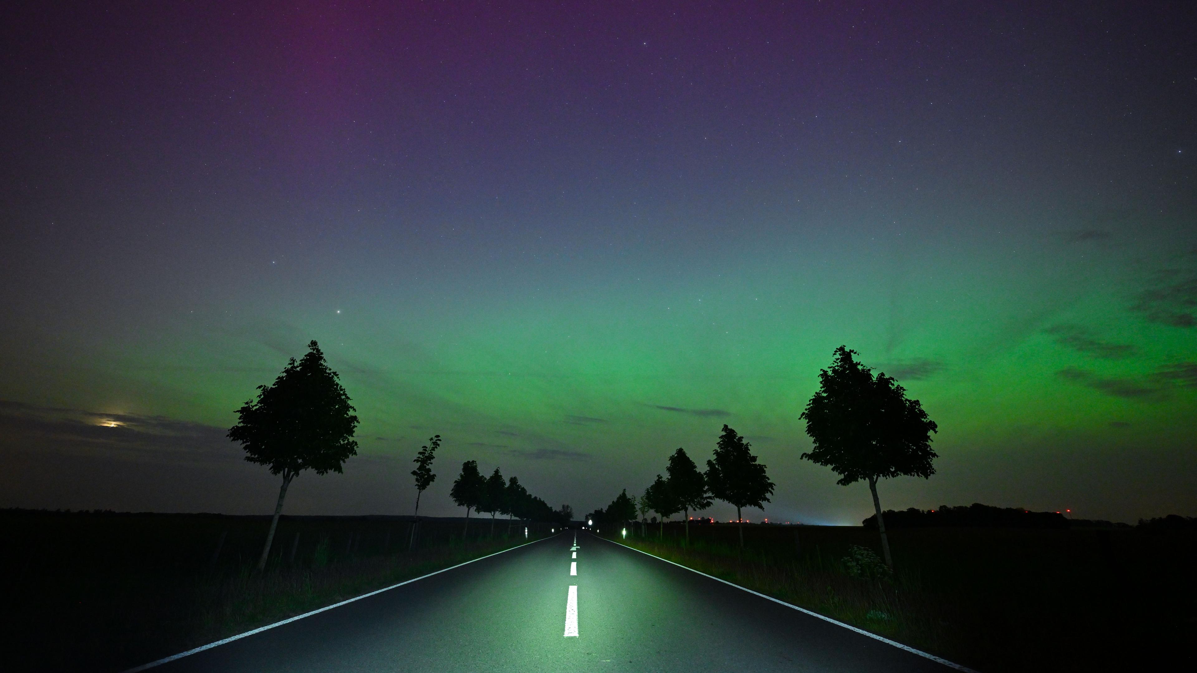 Hellgrün und ein wenig rötlich leuchten Polarlichter am Nachthimmel im Landkreis Märkisch-Oderland in Ostbrandenburg.