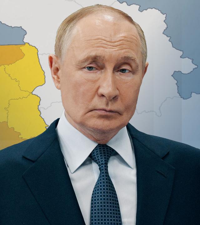 Wladimir Putin vor einer Karte Polens. Dort sind die Regionen eingezeichnet, in denen der Drohnenflug stattfand.