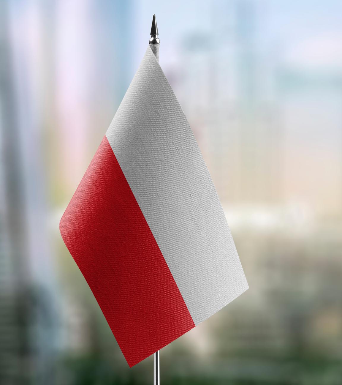 Kleine Flaggen der Polen auf einem abstrakten unscharfen Hintergrund