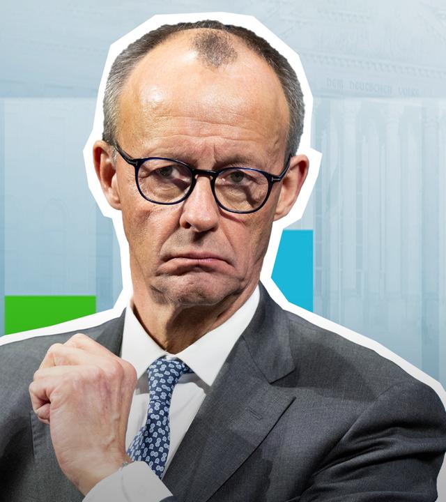 Friedrich Merz vor einem bunten Balkendiagramm