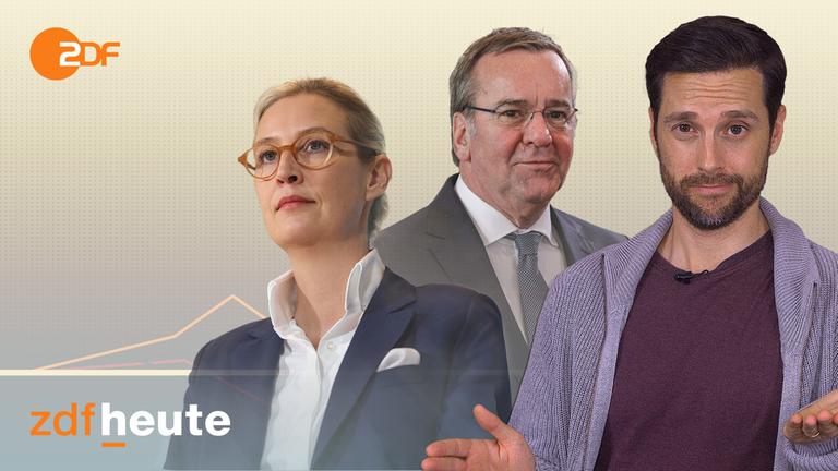 „MrWissen2go“, Verteidigungsminister Boris Pistorius und Alice Weidel vor einem neutralen Hintergrund.