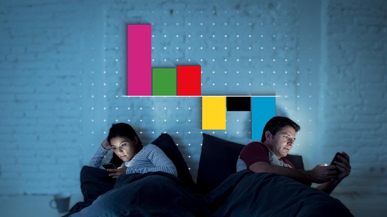 Ein Mann und eine Frau liegen, abgewandt voneinander, auf einem Bett und nutzen Smartphones. Ein Balkendiagramm befindet sich im Hintergrund.