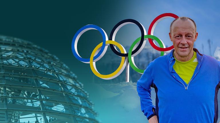 Friedrich Merz im Sport-Outfit, Mittig die Olympischen Ringe, links das Dach des Bundestags in Anschnitt.