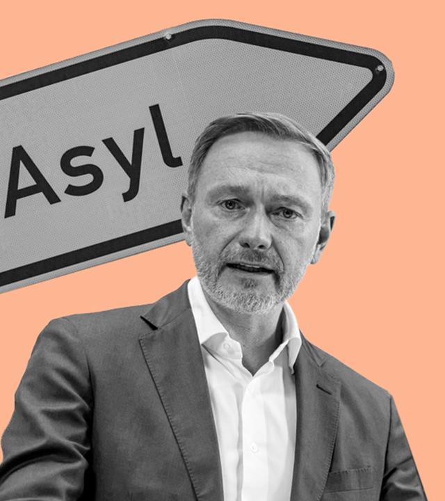 FDP-Chef Lindner unter einem Schild mit der Aufschrift Asyl, rechts im Bild ZDF-Korrespondent Daniel Pontzen
