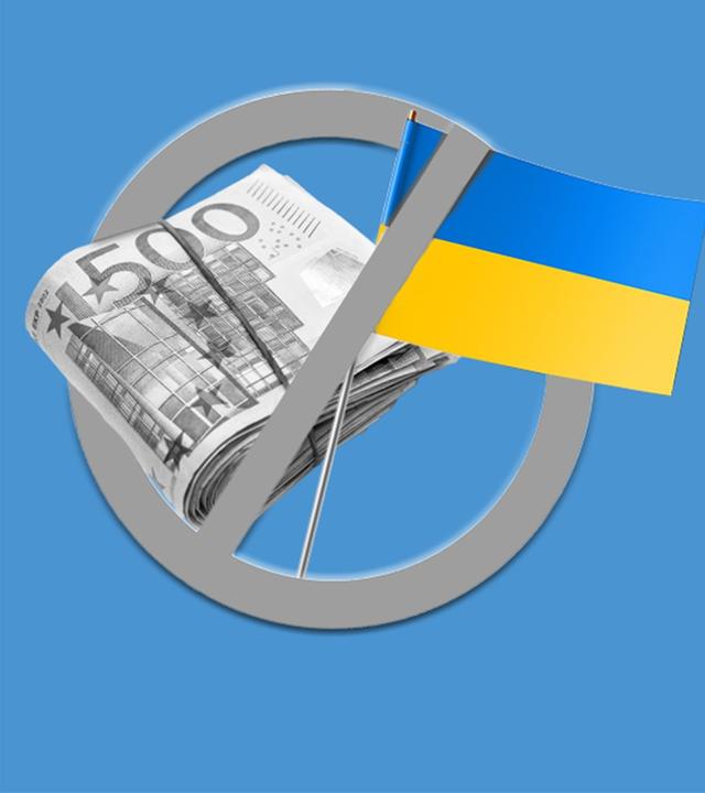 links im Bild: Geldbündel mit 500-Euro-Scheinen, eine Ukraine-Flagge, über beidem ein Kreis mit einem Strich durch - rechts im Bild: ZDF-Hauptstadtkorrespondent Daniel Pontzen am Schreibtisch