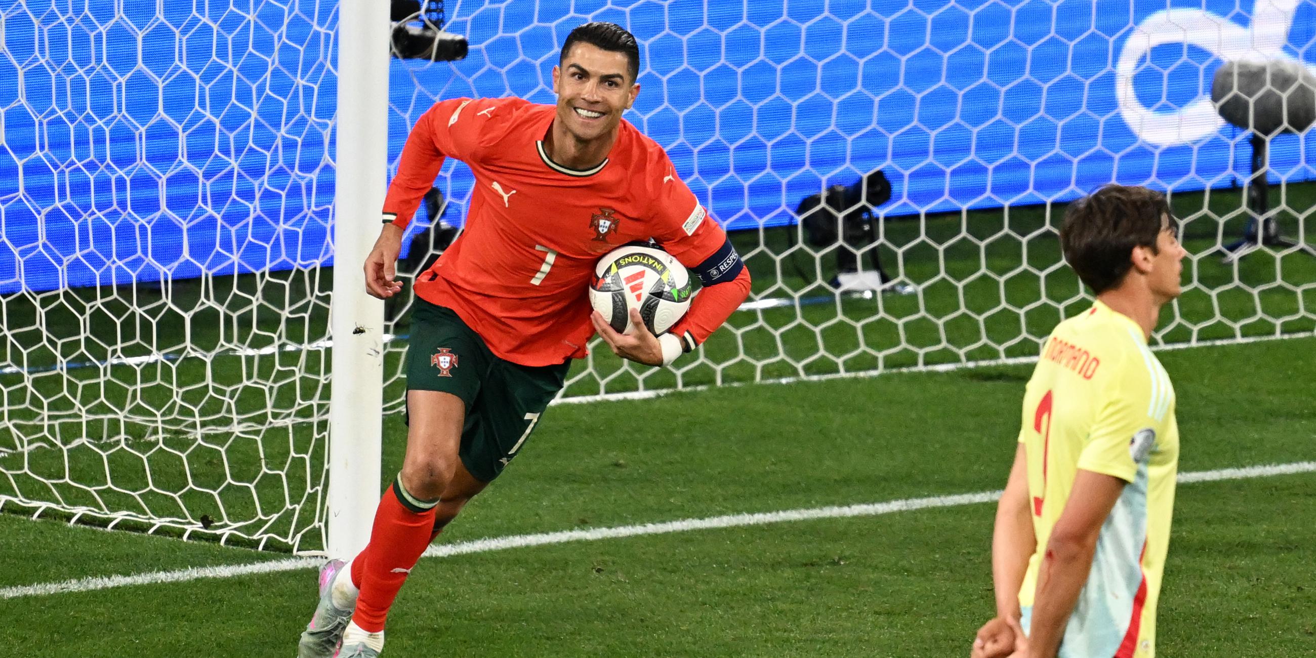 Portugals Cristiano Ronaldo bejubelt sein Tor zum 2:2 geen Spanien am 08.06.2025.